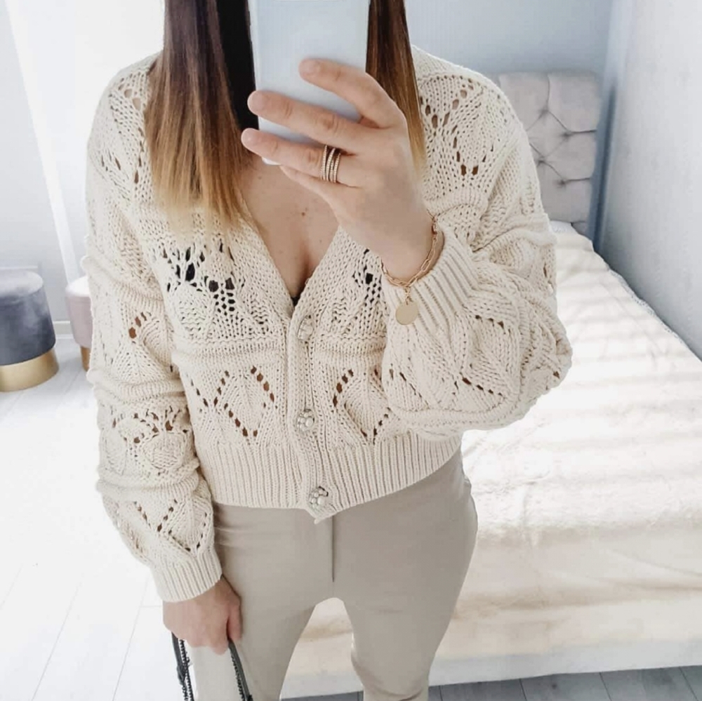 NEW ZARA BEIGE COTTON CARDIGAN WITH PEARL BUTTONS - Picture 8 of 15